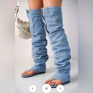 Cape Robbin Malynda Light Blue Denim Jean Over the Knee Thigh Thong Sandal Boots